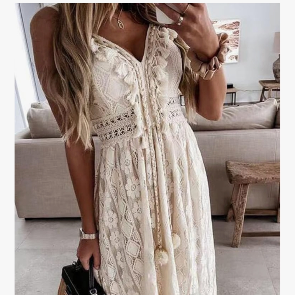 Boho Cream Ruffled Maxi Dress V-Neck Short Sleeve
